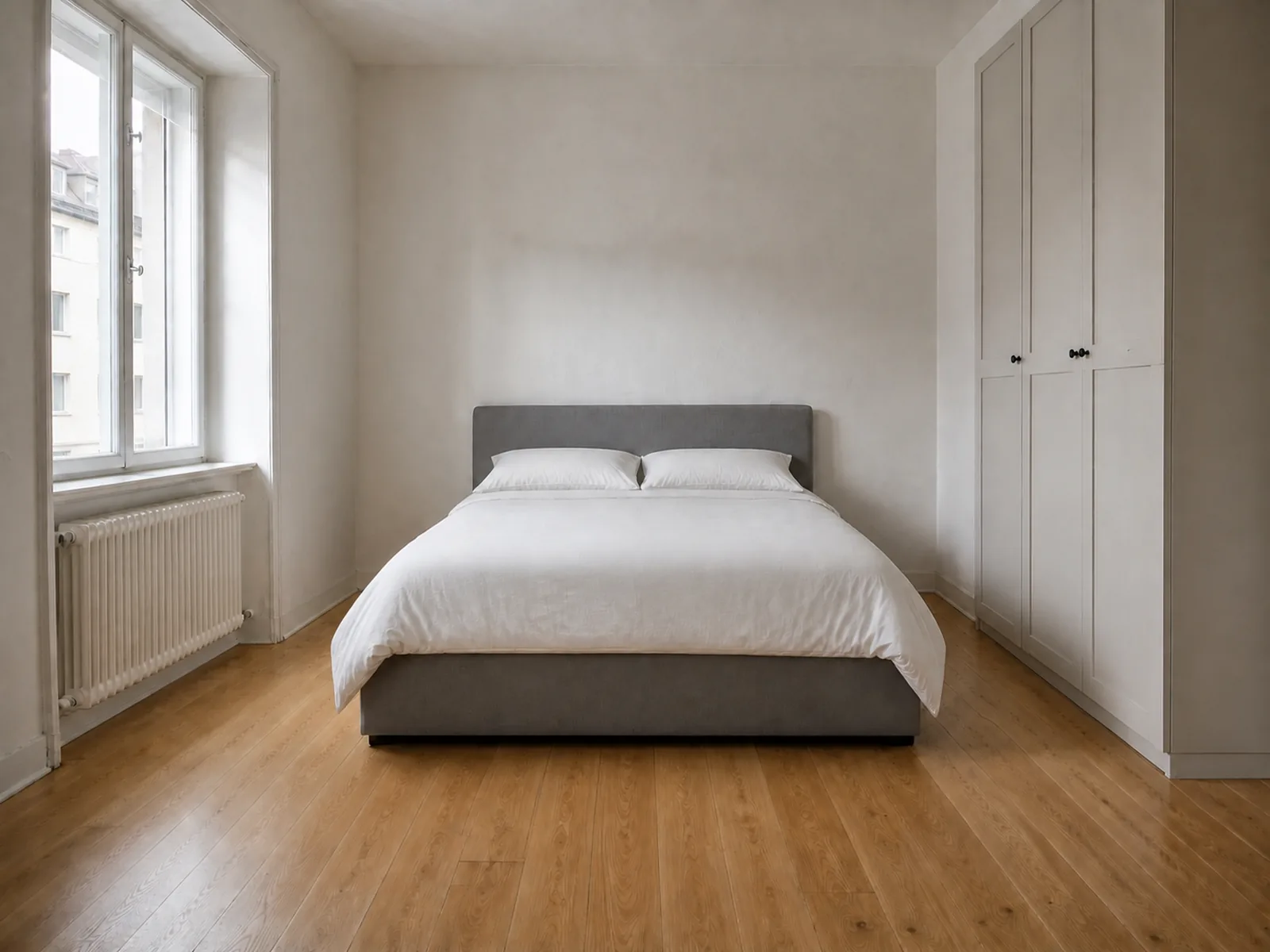 Aufgeräumtes Schlafzimmer: gemachtes Bett, freier Dielenboden, Einbauschrank