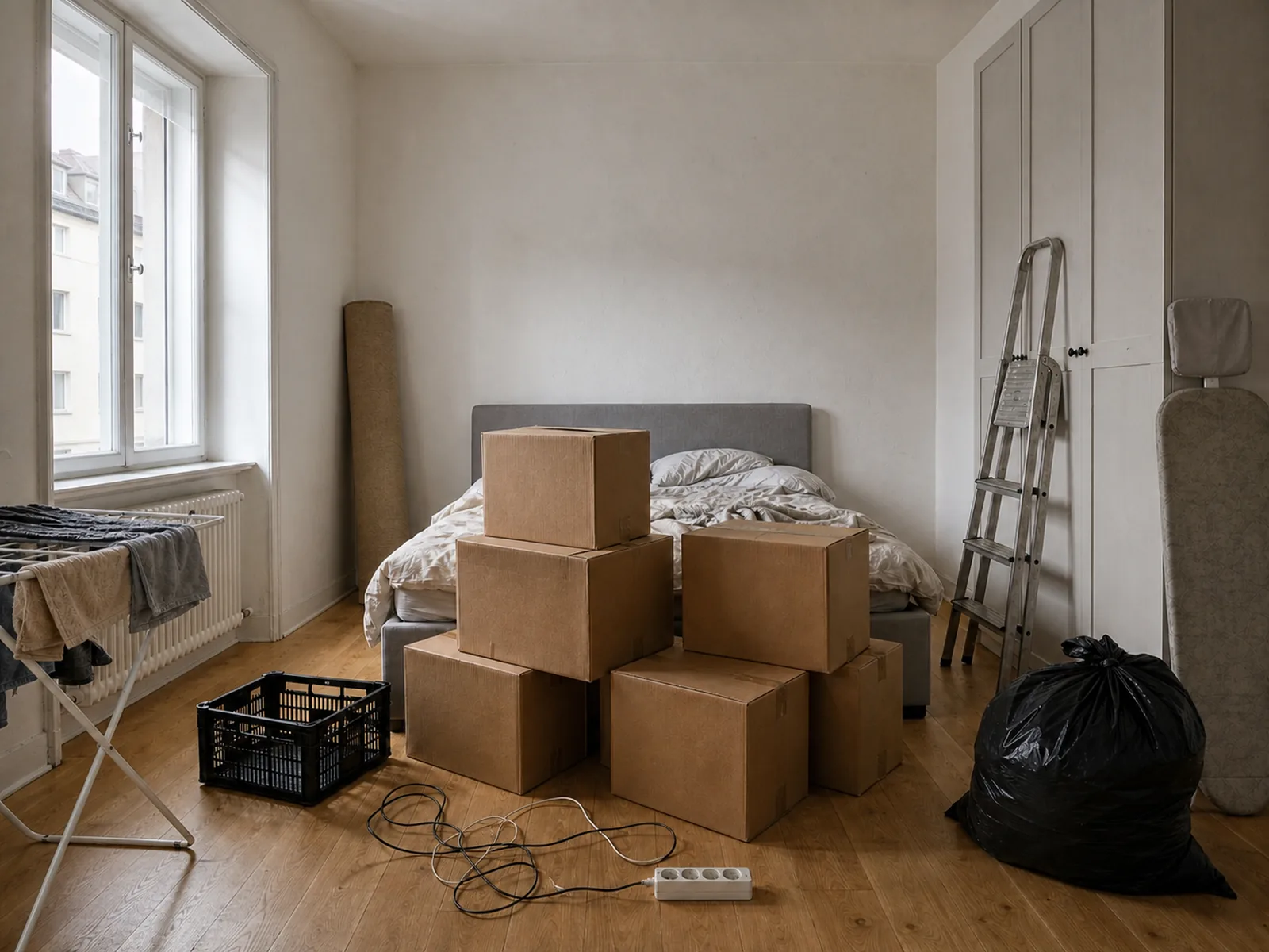 Dasselbe Schlafzimmer voller Umzugskartons, mit Wäscheständer, Kabeln, Leiter und Müllsack