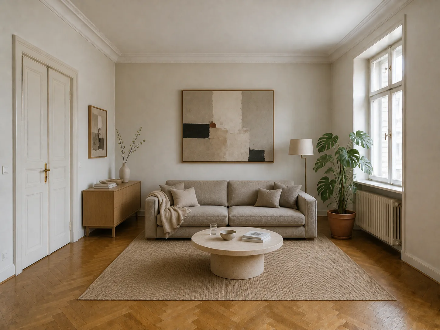 Altbau-Wohnzimmer, virtuell möbliert mit Sofa, Sideboard, Teppich, Couchtisch und Monstera