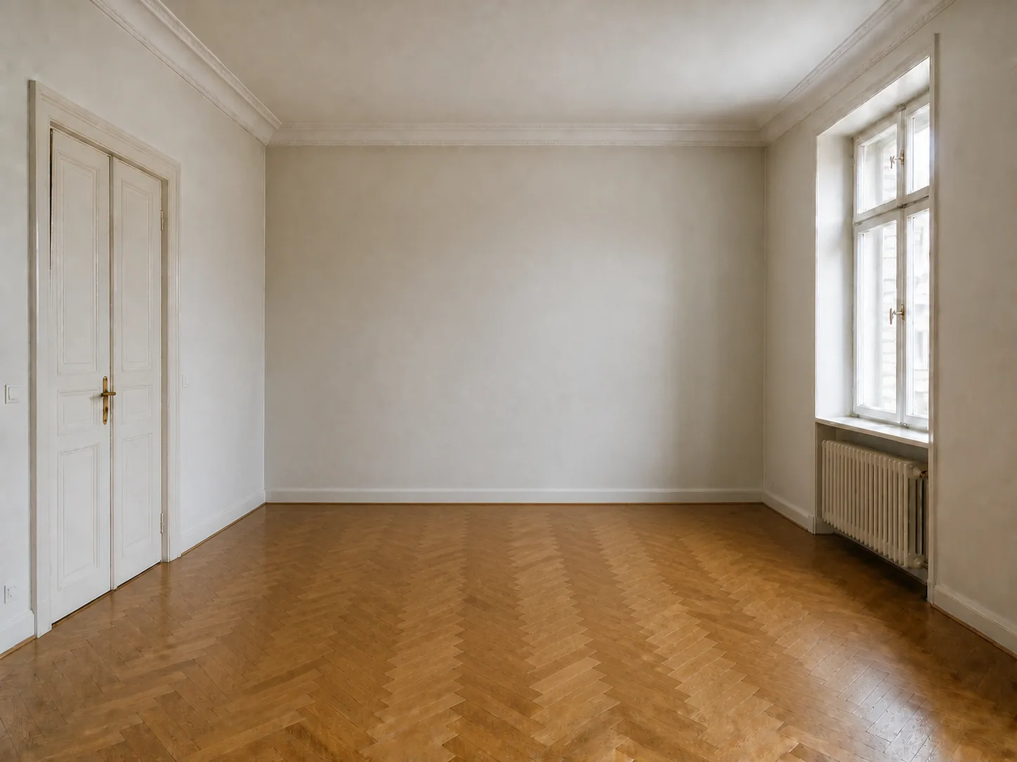 Dasselbe Altbau-Wohnzimmer leerstehend, mit Fischgrätparkett, Stuck, Kastenfenster und Heizkörper